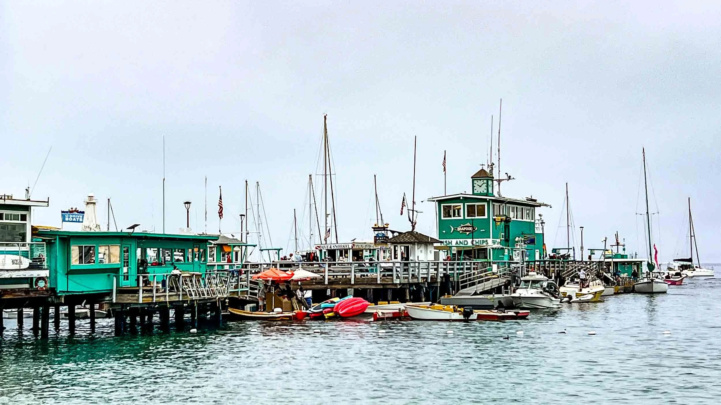 Green Pleasure Pier, painted green in the 1930s at the suggestion of the Wrigley family. It dates back to 1909 and was sold to the city for $5 in 1914. Santa Catalina