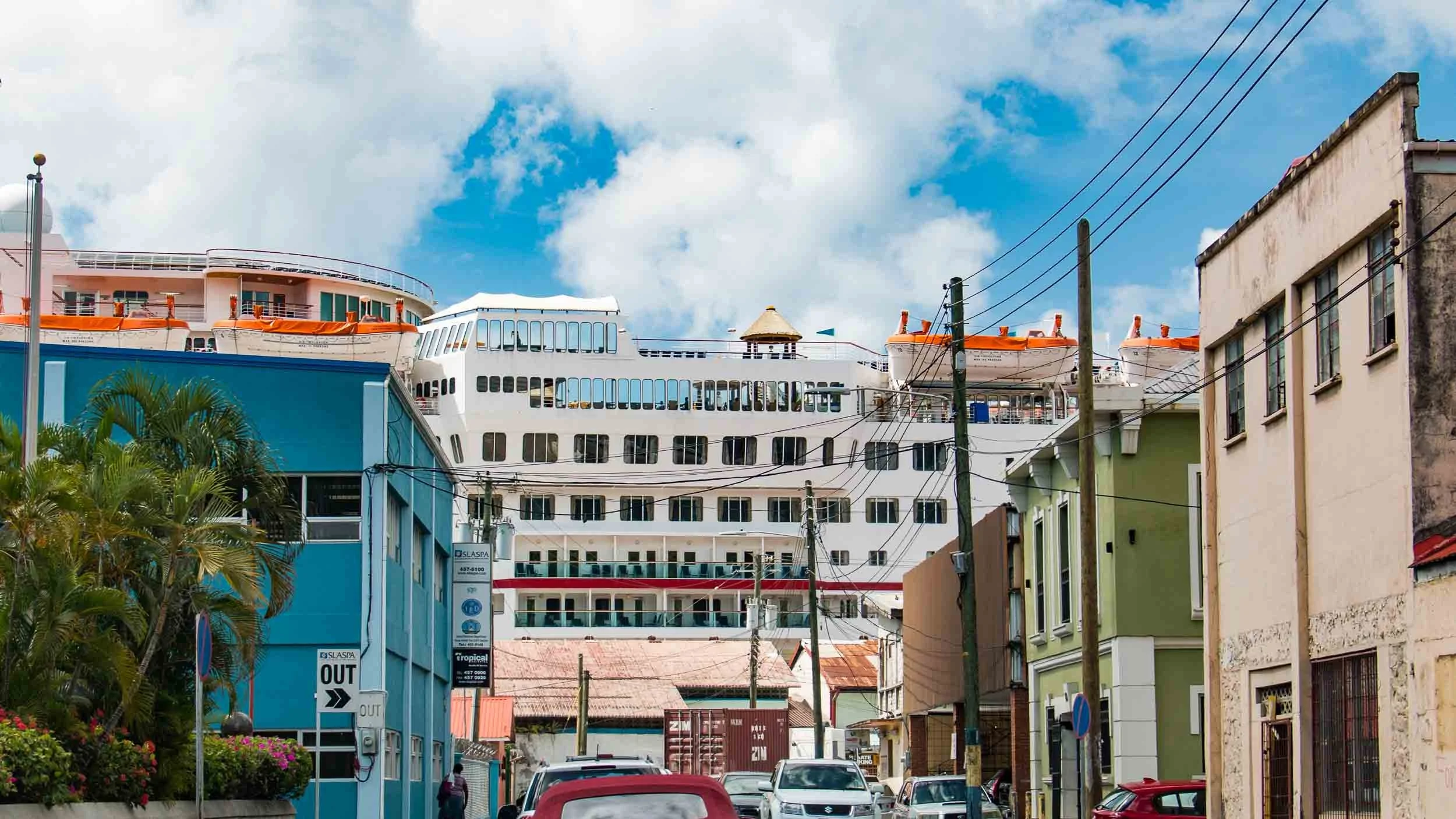The decks of Carnival Fascination complete the architecture of Bridge Street in the city of Castries, St. Lucia. May 4, 2017.