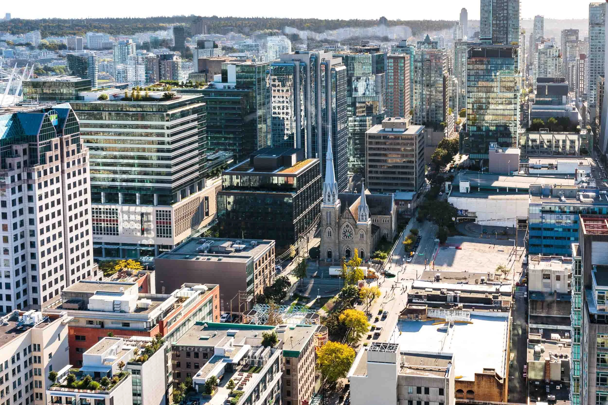 View from the top of the Vancouver Lookout. The church that is visible below is the Holy Rosary Cathedral, officially known as The Metropolitan Cathedral of Our Lady of the Holy Rosary.