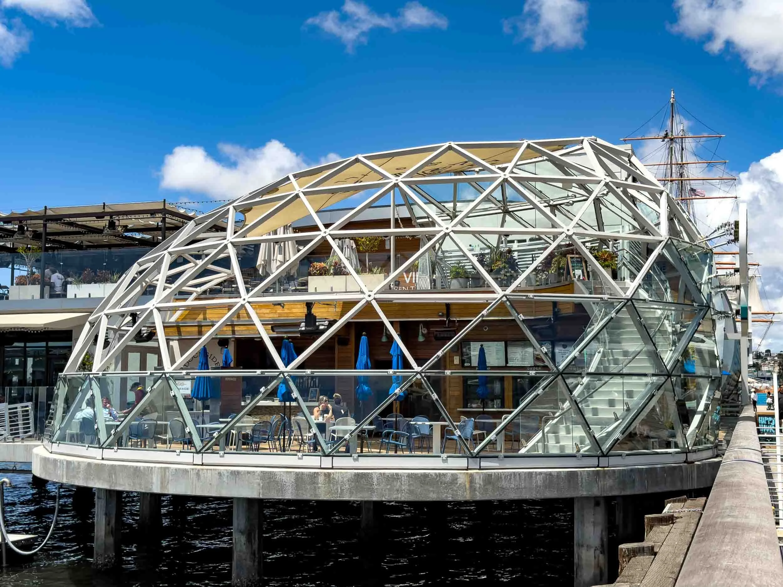 Geodesic dome located at the Portside Pier in San Diego. It is a dining complex for multiple restaurants.