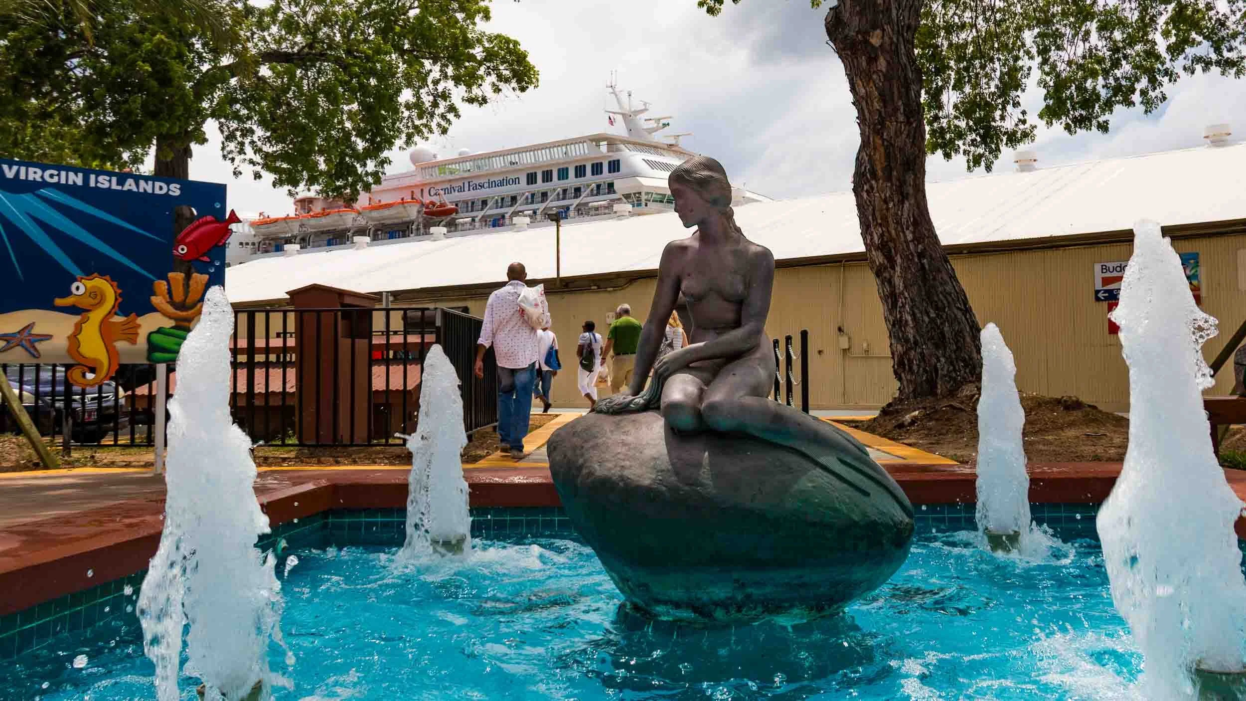This statue is a replica of The Little Mermaid (originally by Edvard Eriksen in Copenhagen) and is located at the Havensight Cruise Pier in Charlotte Amalie, St. Thomas. May 8, 2017.