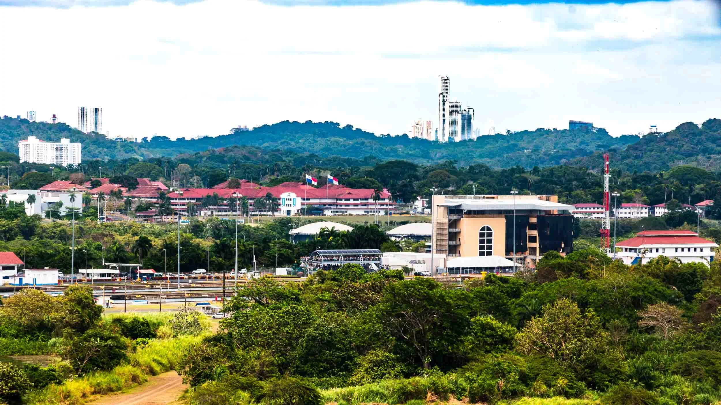 Looking towards the Miraflores Locks and Visitor Center from the Gatun Lake.