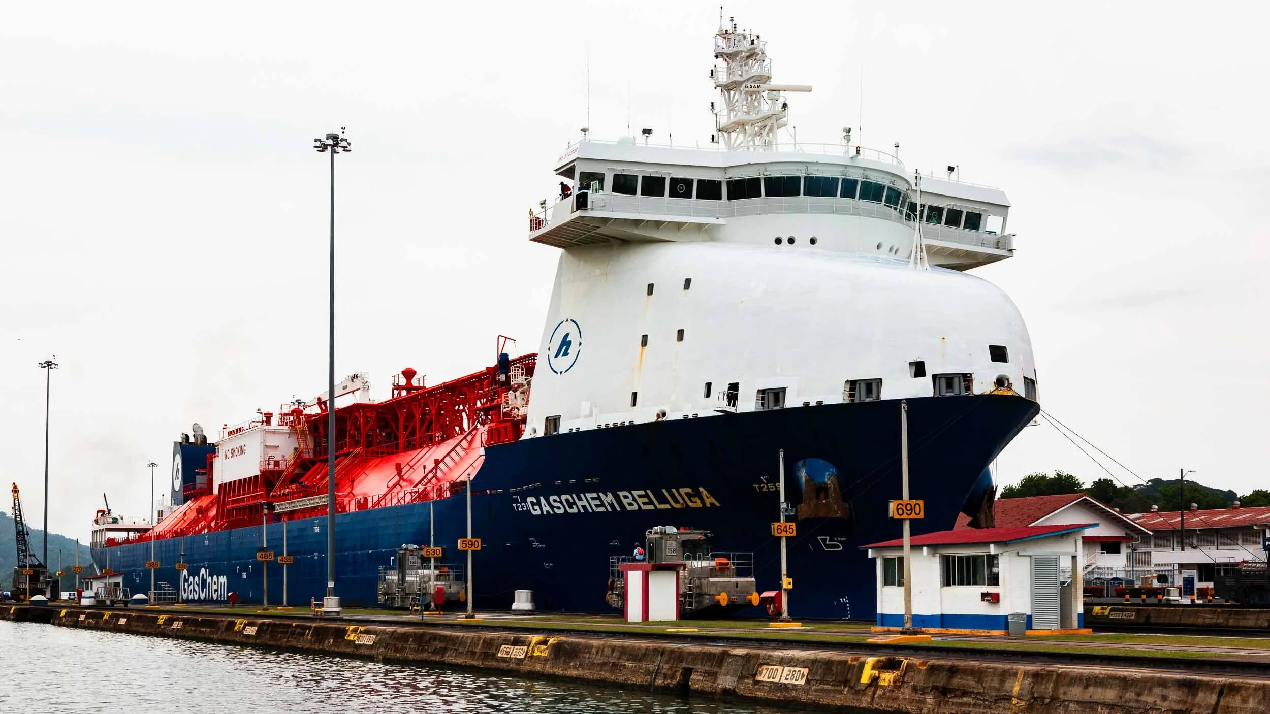 One of the large natural gas ships making its way through the locks.