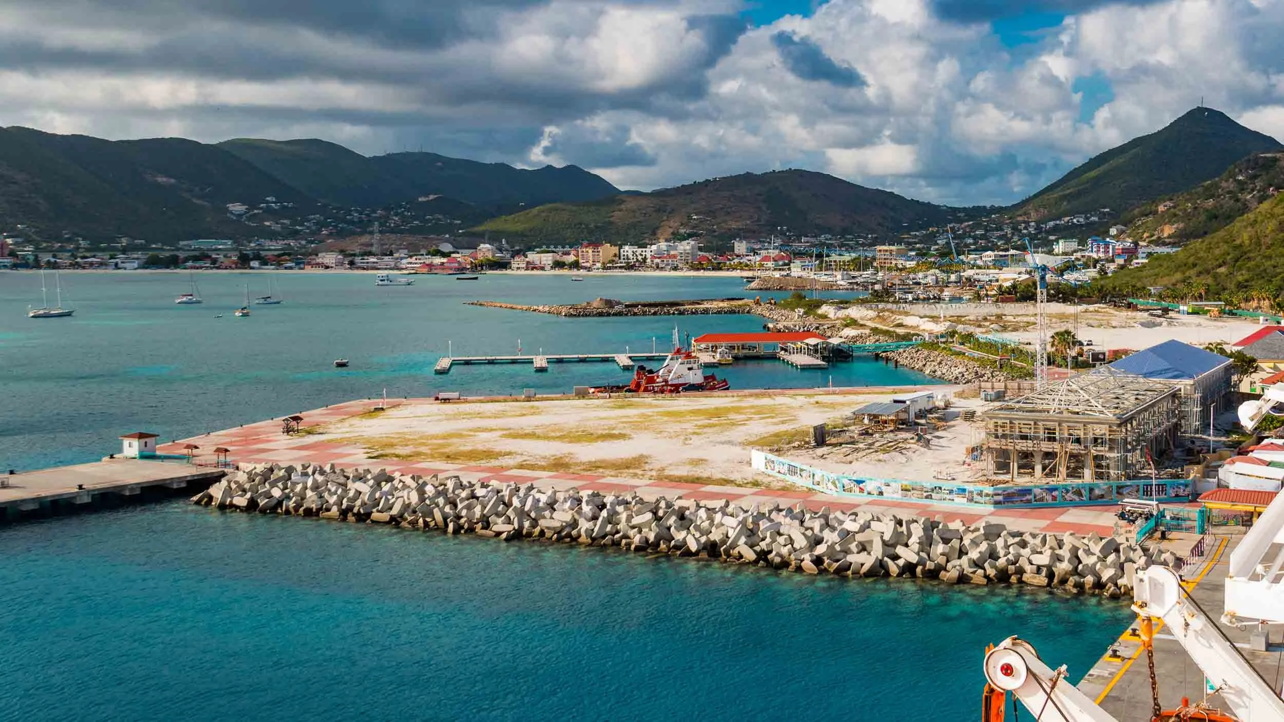 Port St. Maarten in Philipsburg, Sint Maarten. The body of water is Great Bay, which serves as the main harbor for Philipsburg. May 6, 2017.