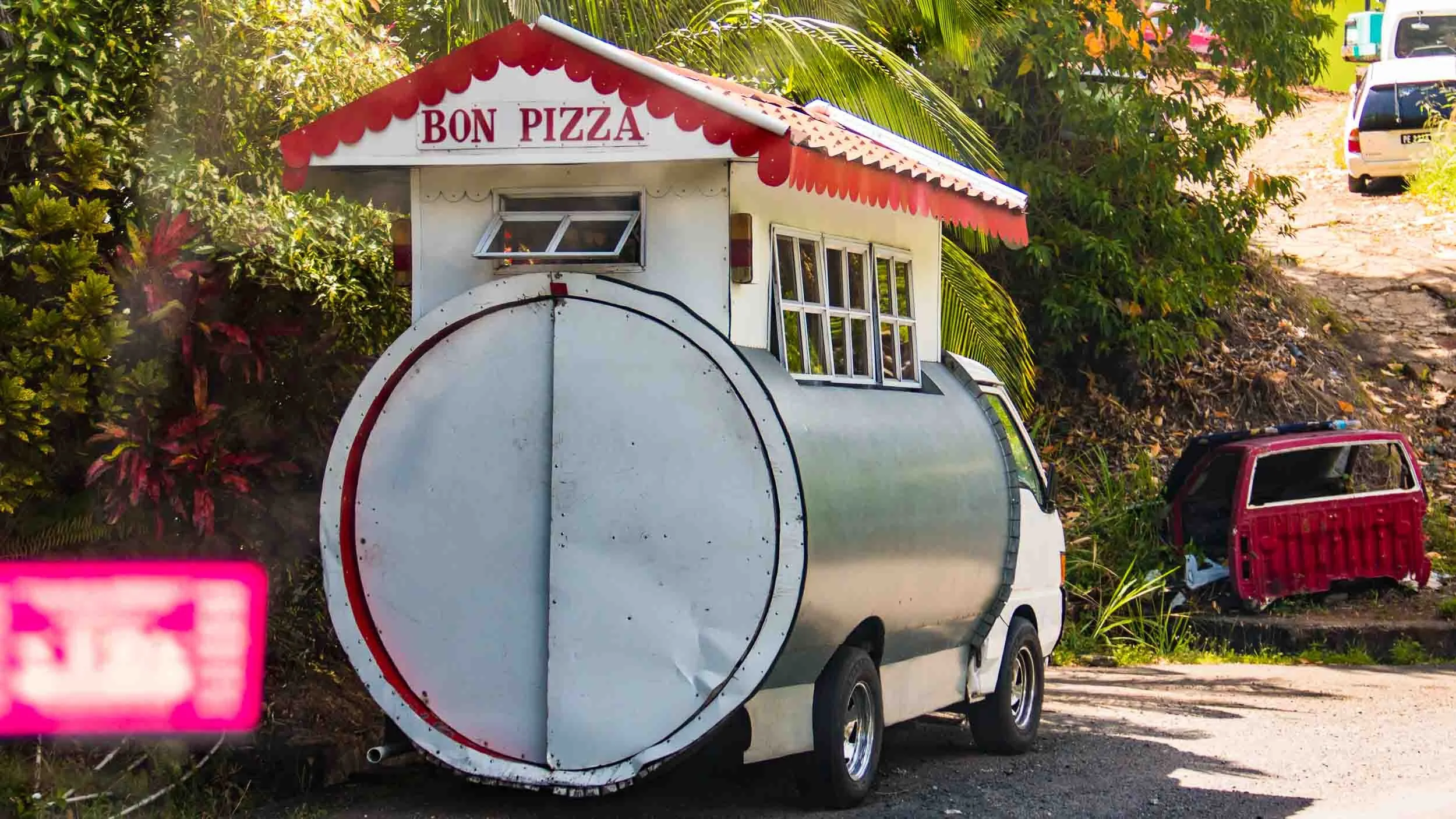 Roadside pizza production and sales. May 4, 2017.
