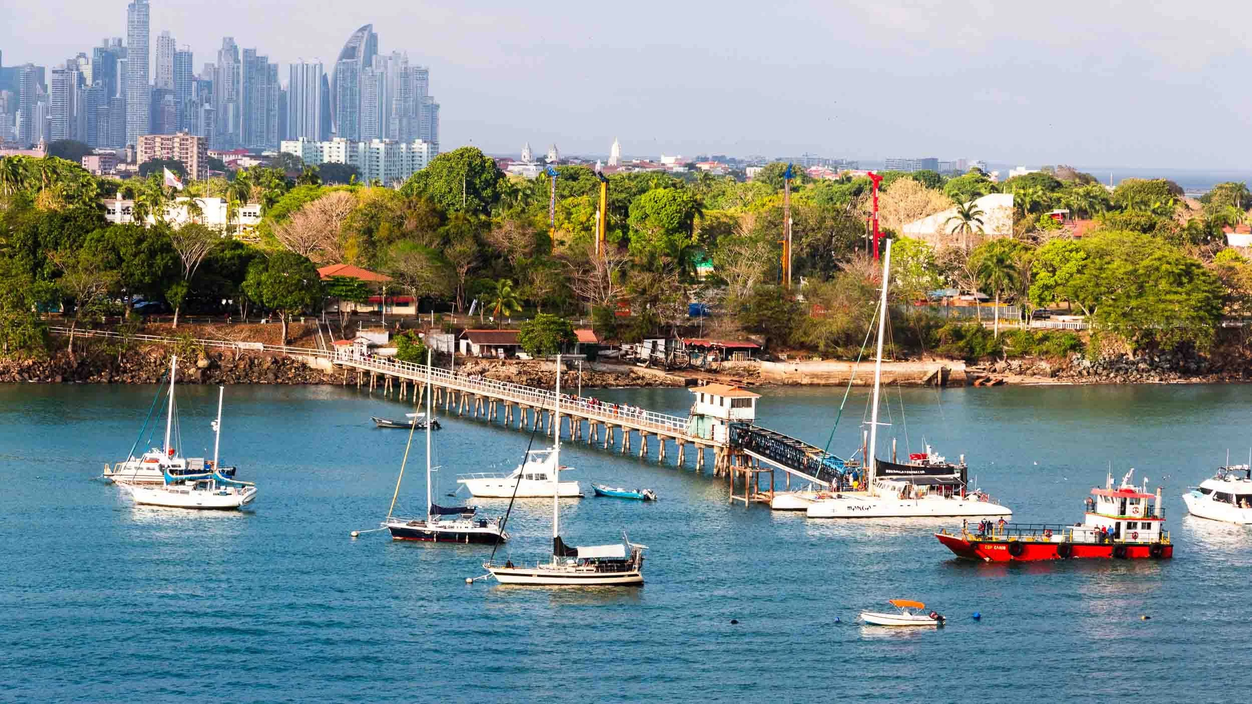 A view of Panama City taken from the Bay of Panama. The buildings in the background are in the Financial District.