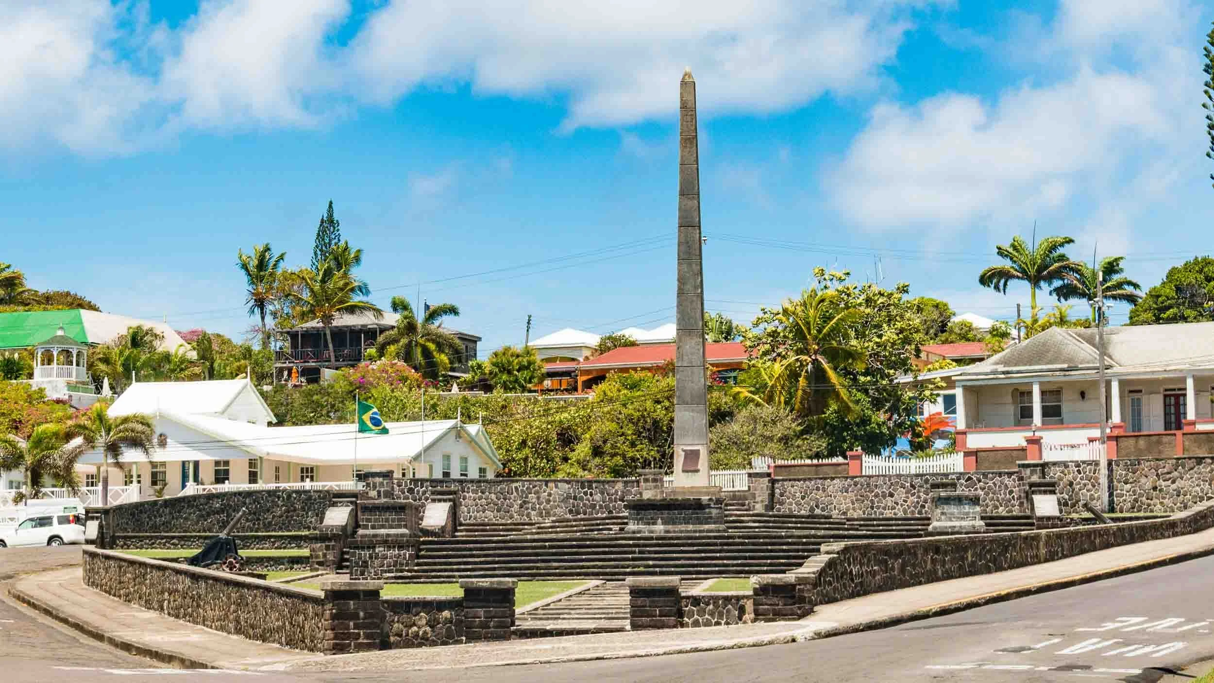 City center in Basseterre, St. Kitts. The War Memorial to remember servicemen and women from St. Kitts and Nevis, who lost their lives in battle. May 5, 2017.