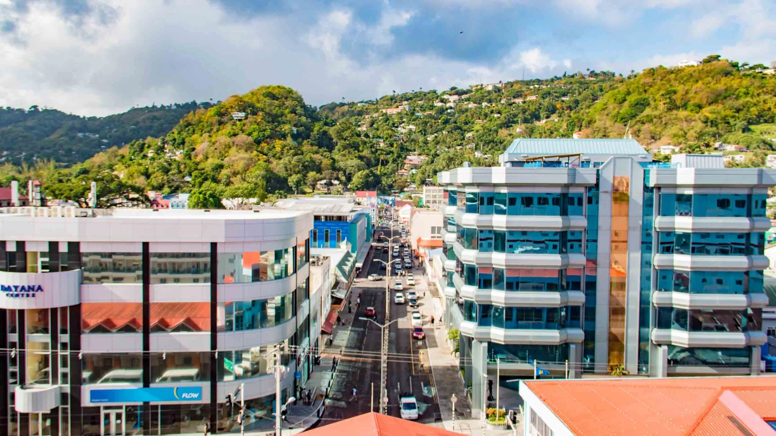 Bridge Street in the city of Castries St. Lucia viewed from the deck of the cruise ship in its harbor. May 4, 2017.