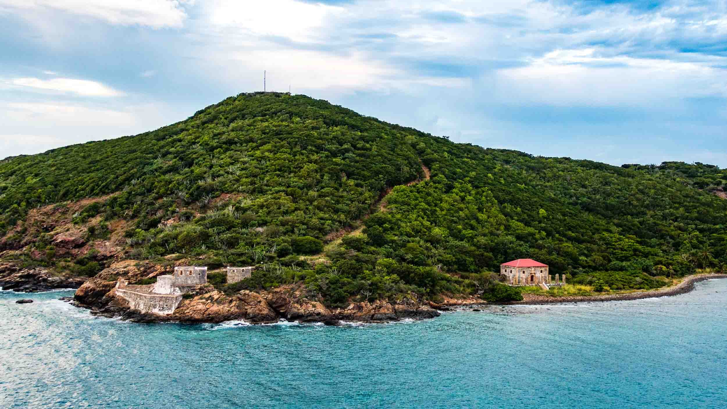 Hassel Island as you enter the harbor of Charlotte Amalie in St. Thomas, U.S. Virgin Islands (USVI). It is a 135-acre part of the Virgin Islands National Park.