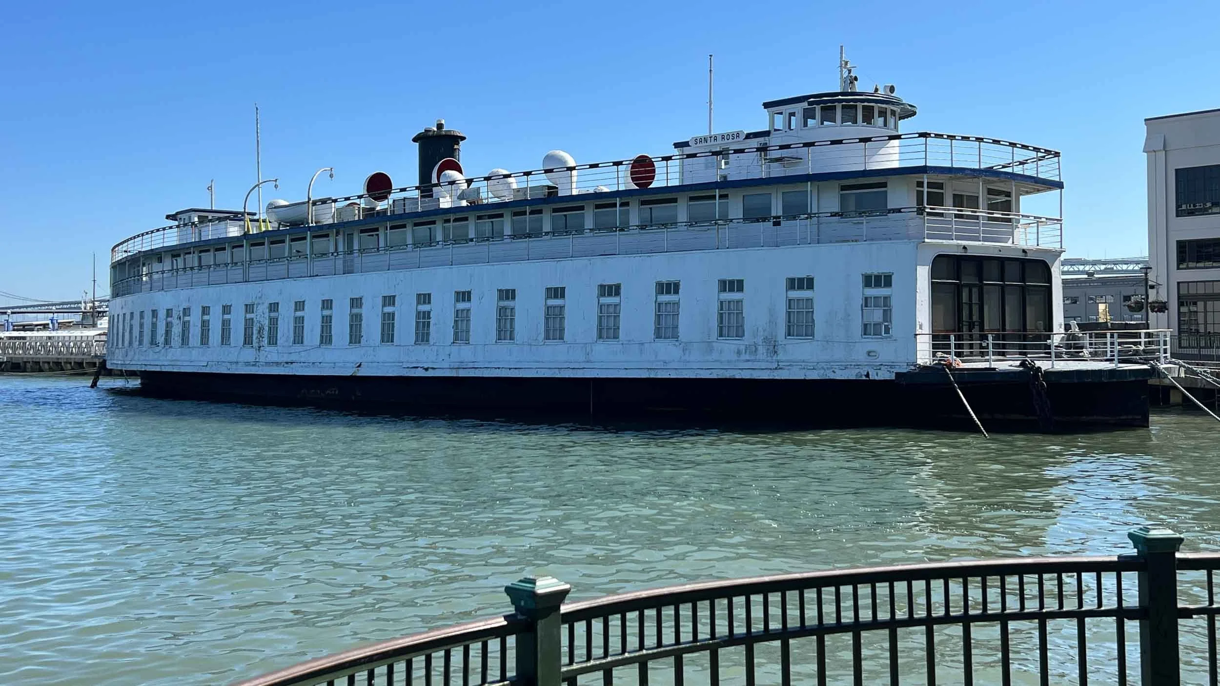 Ferryboat Santa Rosa moored at Pier 3 in San Francisco and used as the corporate headquarters for City Experiences. It was launched in 1927 but out of a job when the Golden Gate Bridge and the Bay Bridge opened in the late 1930s.
