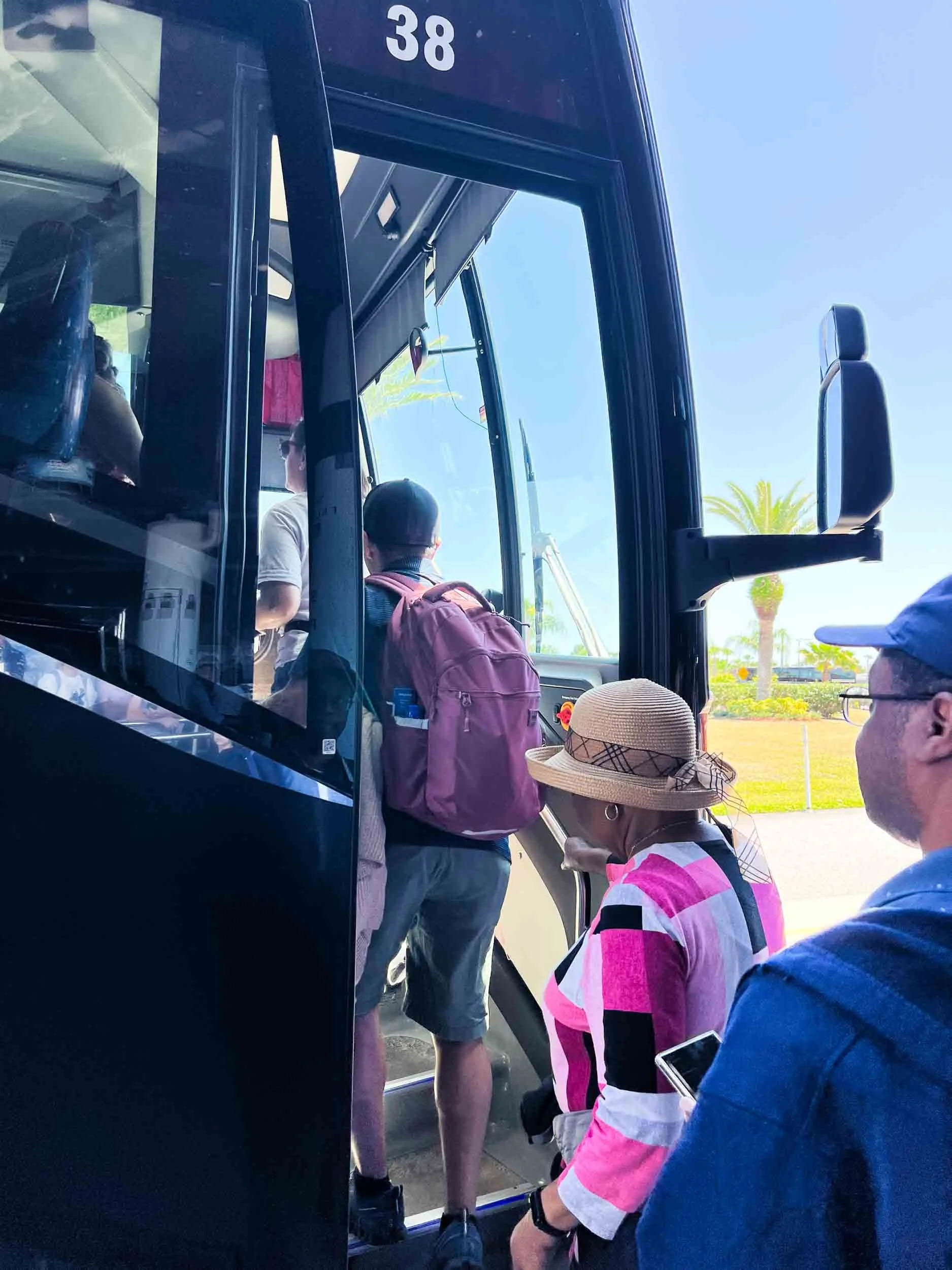 Boarding the tour bus to drive out to the Apollo/Saturn V Center.