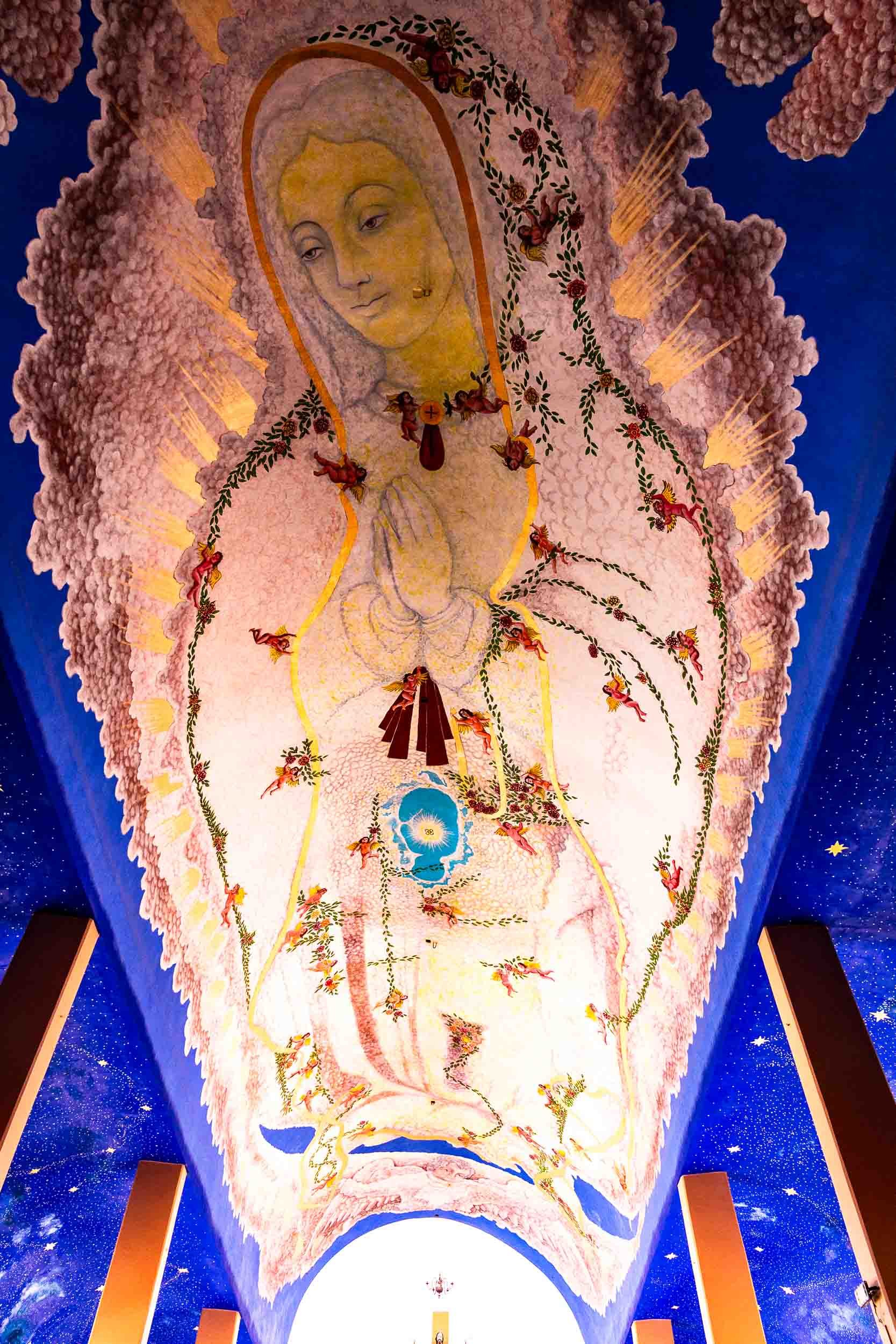 April 25, 2025: The 65-foot mural of the Virgin of Guadalupe featured in the ceiling nave of the Church of La Crucecita.