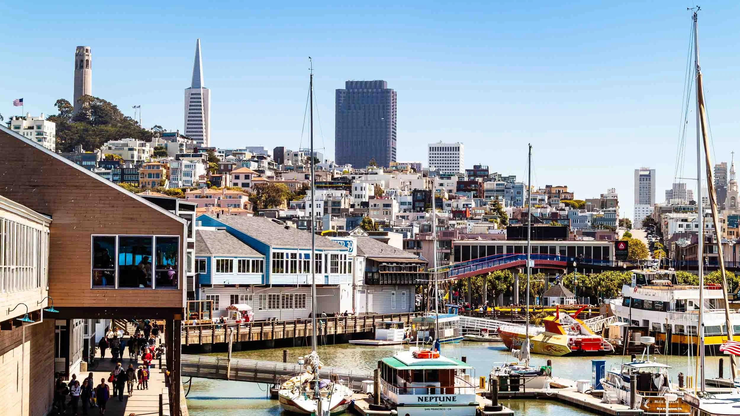 June 29, 2010: View of some landmarks of San Francisco from World Famous Pier 39.