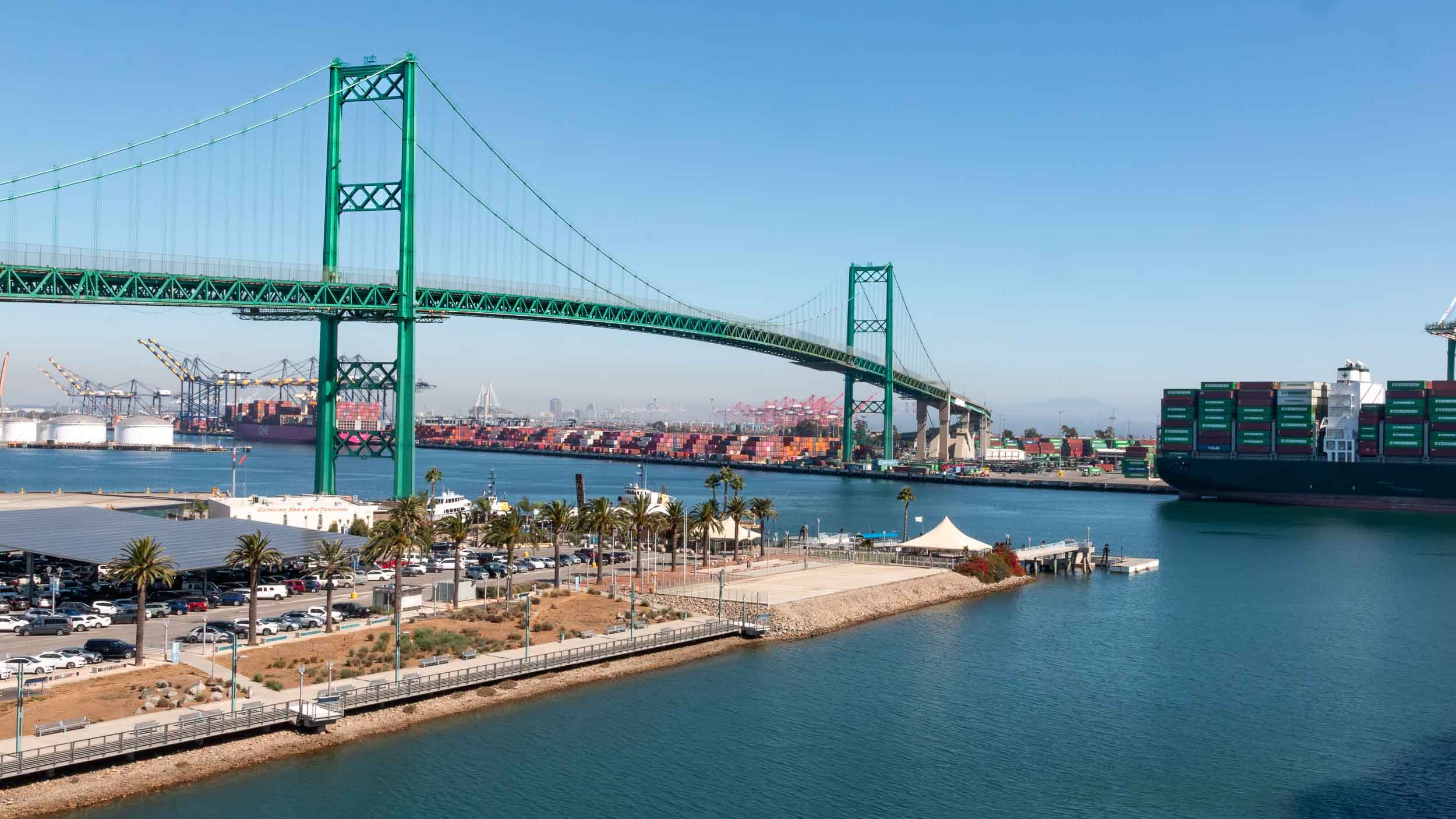 Vincent Thomas Bridge, spanning the main channel of the Los Angeles Harbor, from San Pedro to Terminal Island.