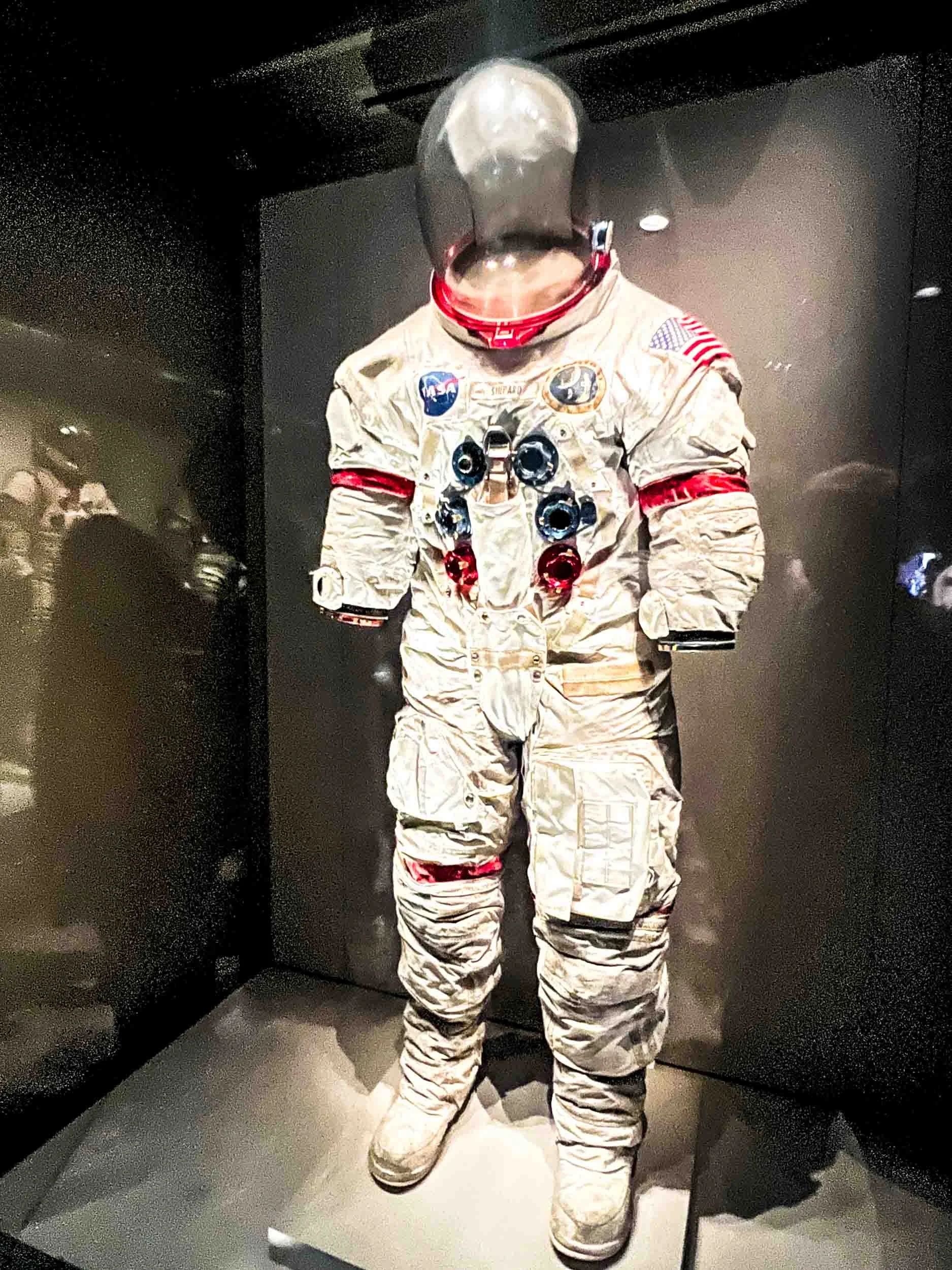 The Apollo A7L spacesuit worn by Alan Shepard during the Apollo 14 mission in 1971. it is on display inside the Apollo/Saturn V Center.