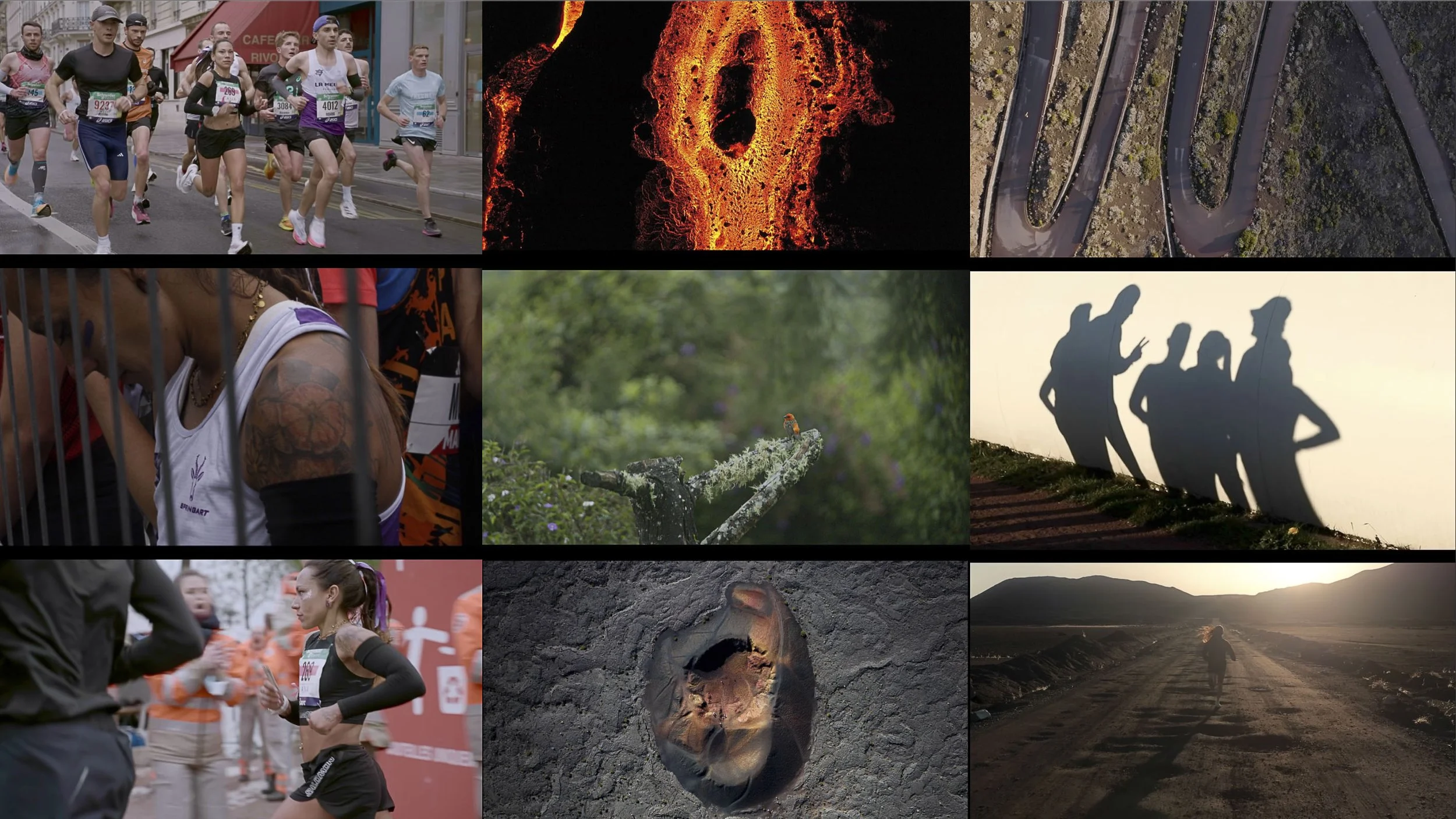 A collage of various outdoor and athletic scenes, including a group of runners participating in a race, a fiery volcanic eruption, winding mountain roads, a woman with tattoos in a sports event, a bird perched on a tree branch, a shadow of a group of friends on a wall, a female runner, a trail footstep fossil in dirt, and a person walking on a dirt road at sunset.