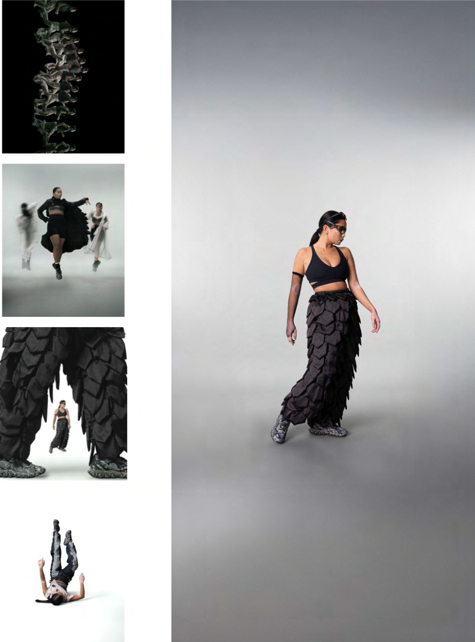 Fashion photoshoot featuring a woman in black crop top and baggy, layered pants with textured shoes, in a minimal studio setting; smaller photos show close-ups of the textured pants, a woman jumping in black and white, and a low-angle shot emphasizin