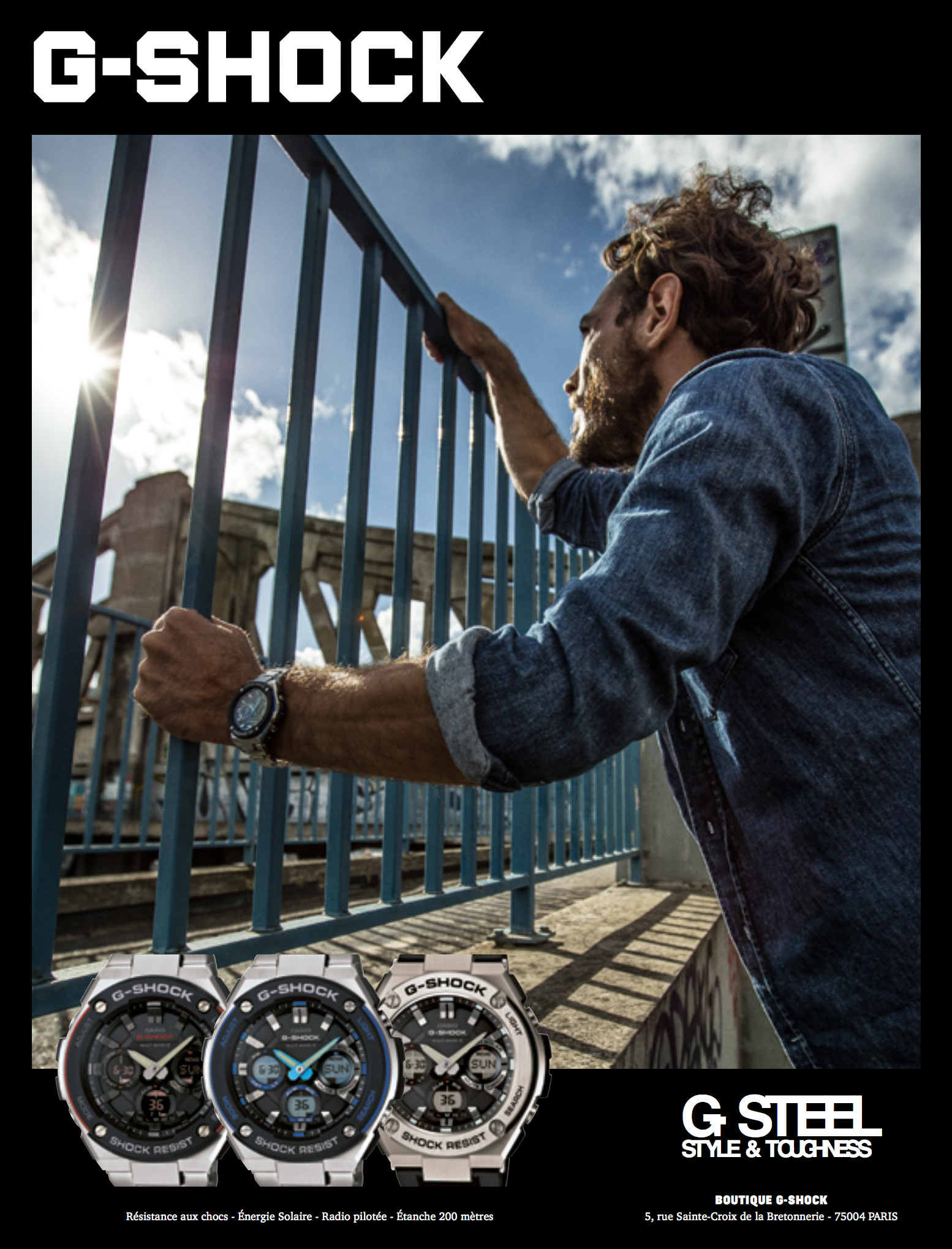 A man in a denim jacket looking through blue bars on a fence or railing, with the sun shining in the background. An advertisement for G-Shock watches featuring three different models is displayed at the bottom, and logos with the tagline "STYLE & TOU