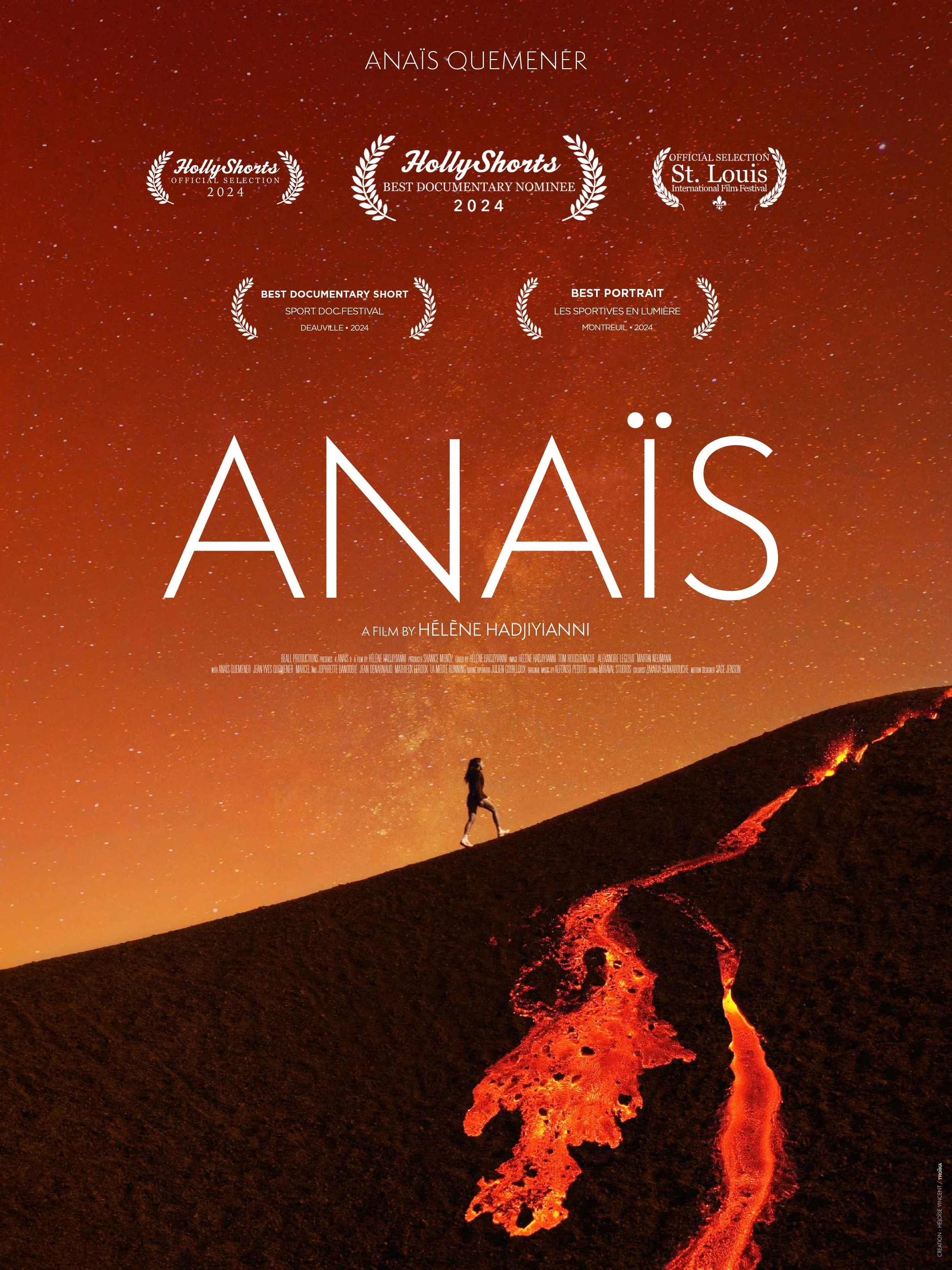 A movie poster for the film "Anaïs" showing a person walking along a mountain ridge with lava flowing down the slope against a starry sky.