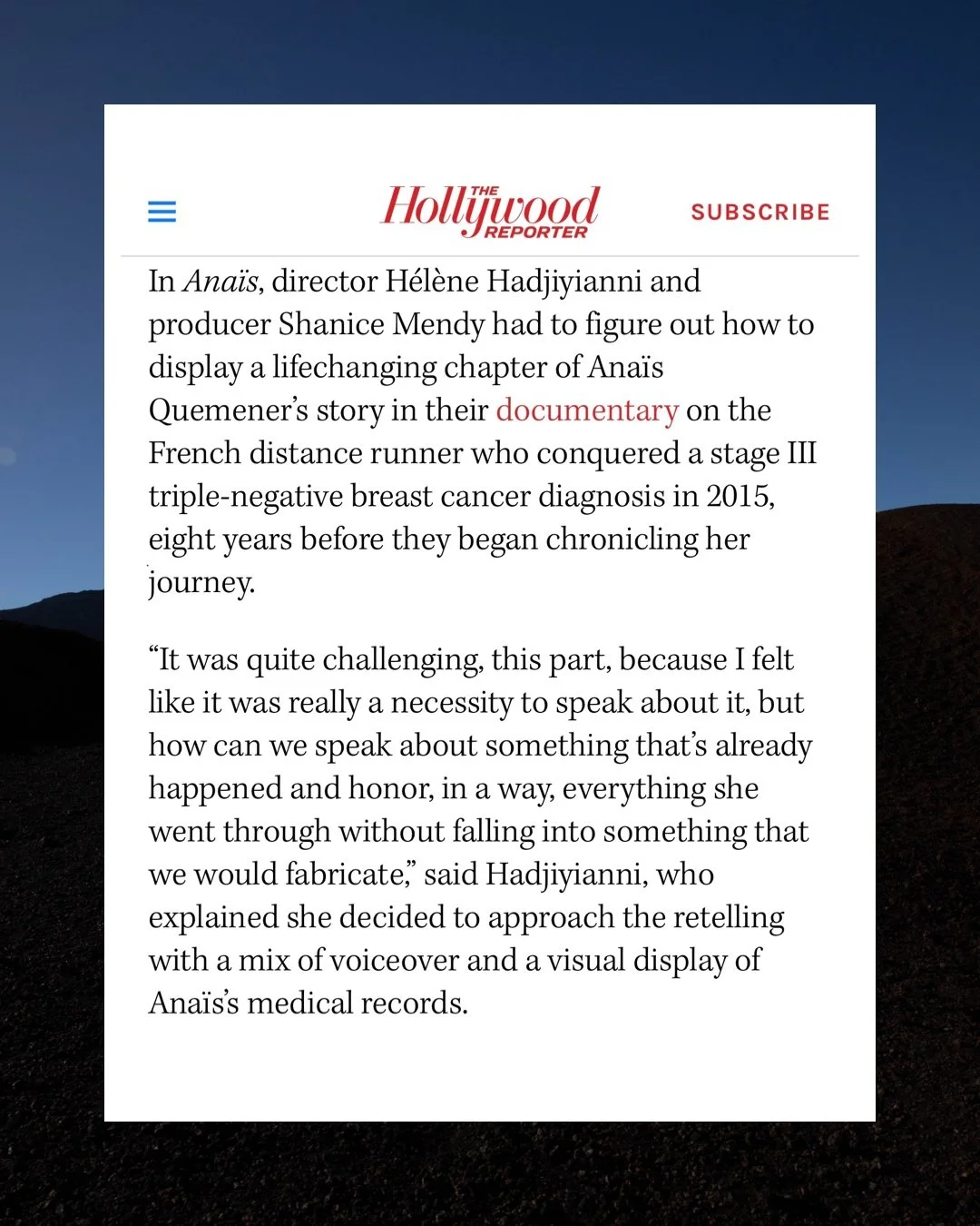 Screenshot of a webpage from The Hollywood Reporter discussing the documentary Anaïs and its storytelling approach.
