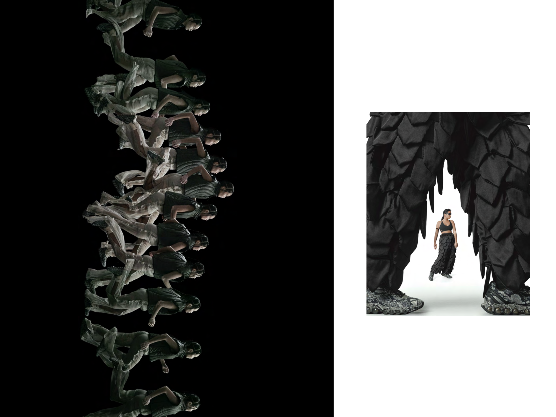 Fashion models dressed in dark and neutral outfits, some with animal print, walking and standing in a studio setting with a plain background.