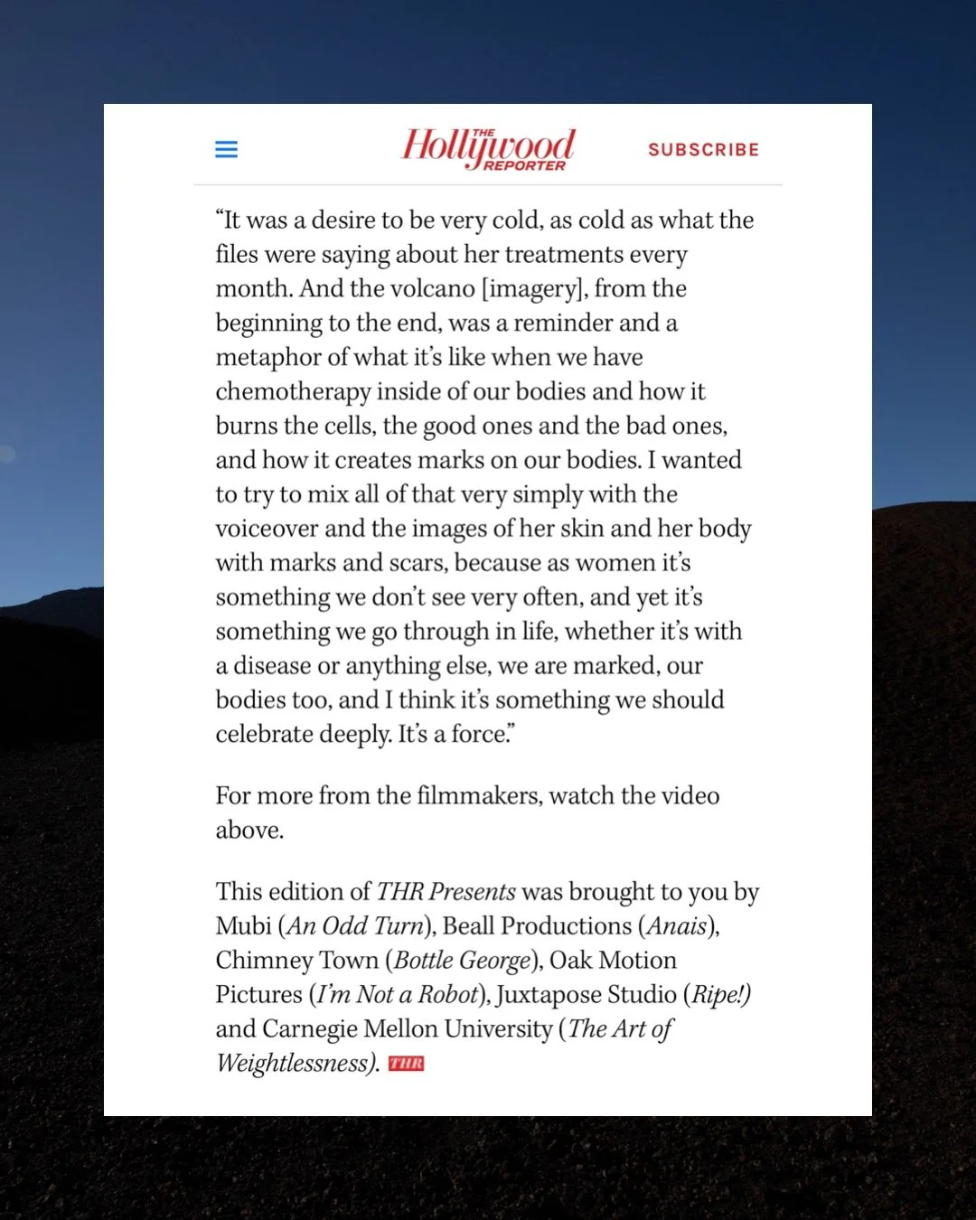 Screenshot of an article from The Hollywood Reporter discussing themes of trauma, healing, and body scars, with a quote about strength, and mentions of documentary filmmakers and production companies.