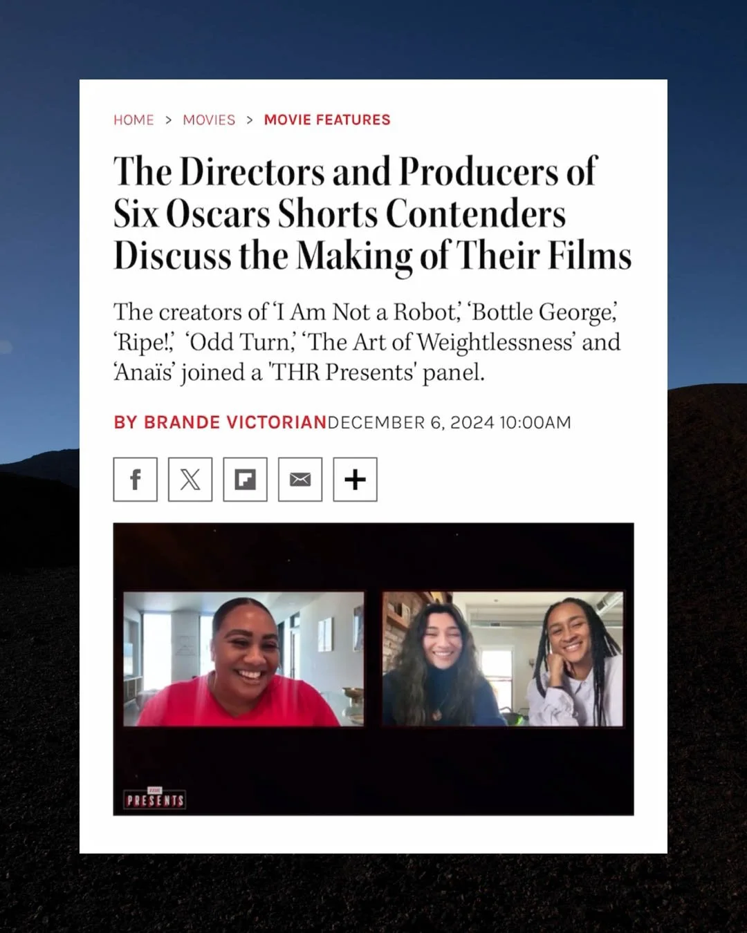 Screenshot of an online article about directors and producers discussing their Oscar short films, featuring a panel of three women with smiling faces, on a black background.