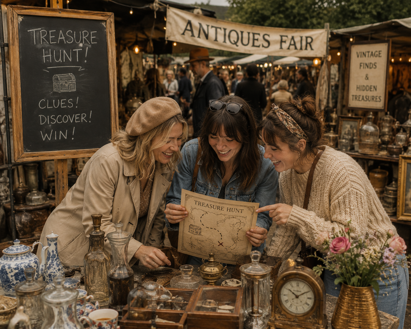 Three smiling women at an antiques fair participating in a treasure hunt, looking at a map, surrounded by vintage items and a sign that says 'Treasure Hunt! Clues! Discover! Win!'
