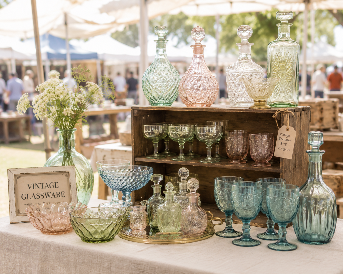 Display of vintage glassware including bottles, glasses, bowls, and vases at an outdoor market, with a sign reading 'Vintage Glassware.'