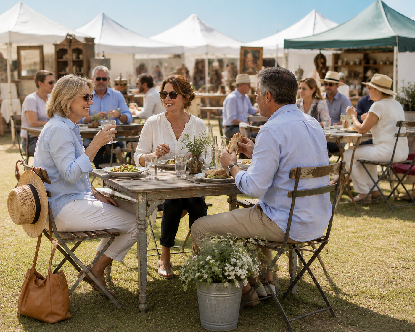 Group of people enjoying a meal at an outdoor event under white tents, with a woman holding a drink and others conversing and eating.