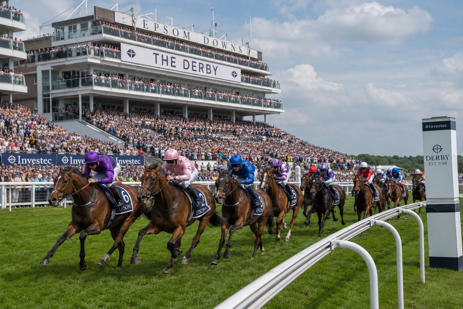 Horse race at the Derby with jockeys in colorful silks riding on a grassy track in front of a grandstand full of spectators, large banners reading 'Epsom Downs' and 'The Derby' in the background, and a cloudy sky overhead.