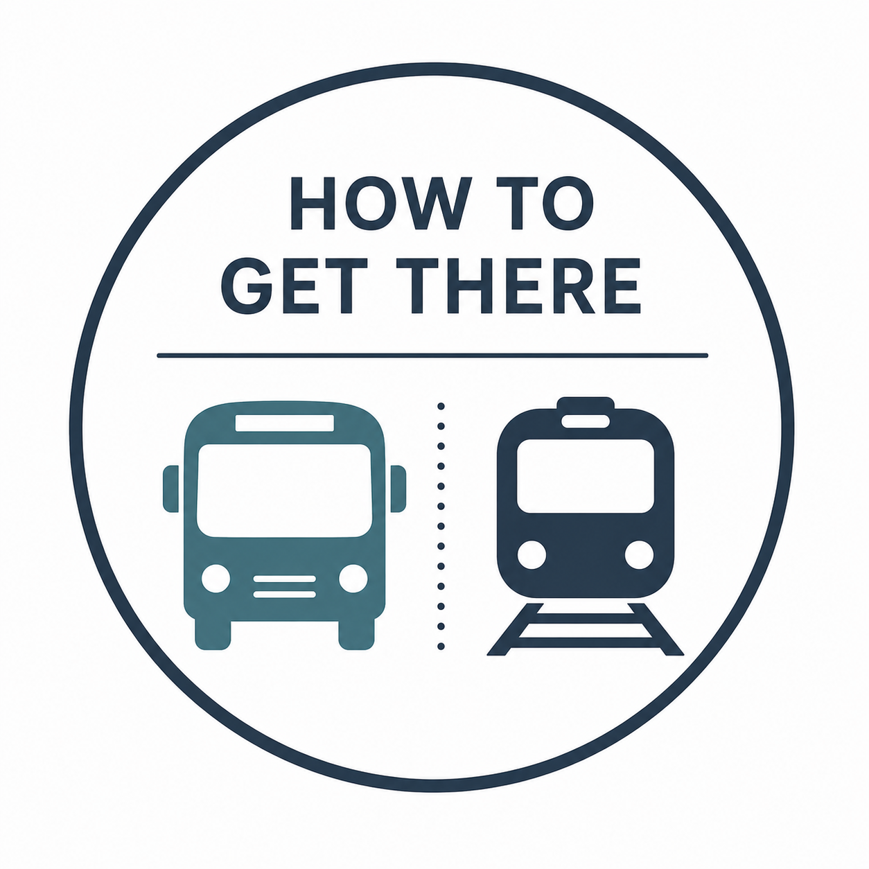 A circular graphic with the text 'How to Get There' at the top. Below, there are simple icons of a bus on the left and a train on the right, separated by a dotted line.