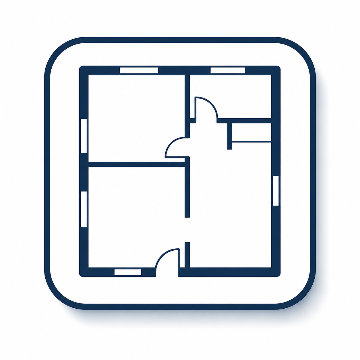 Floor plan of a small house with four rooms and a bathroom, showing walls and doorways.