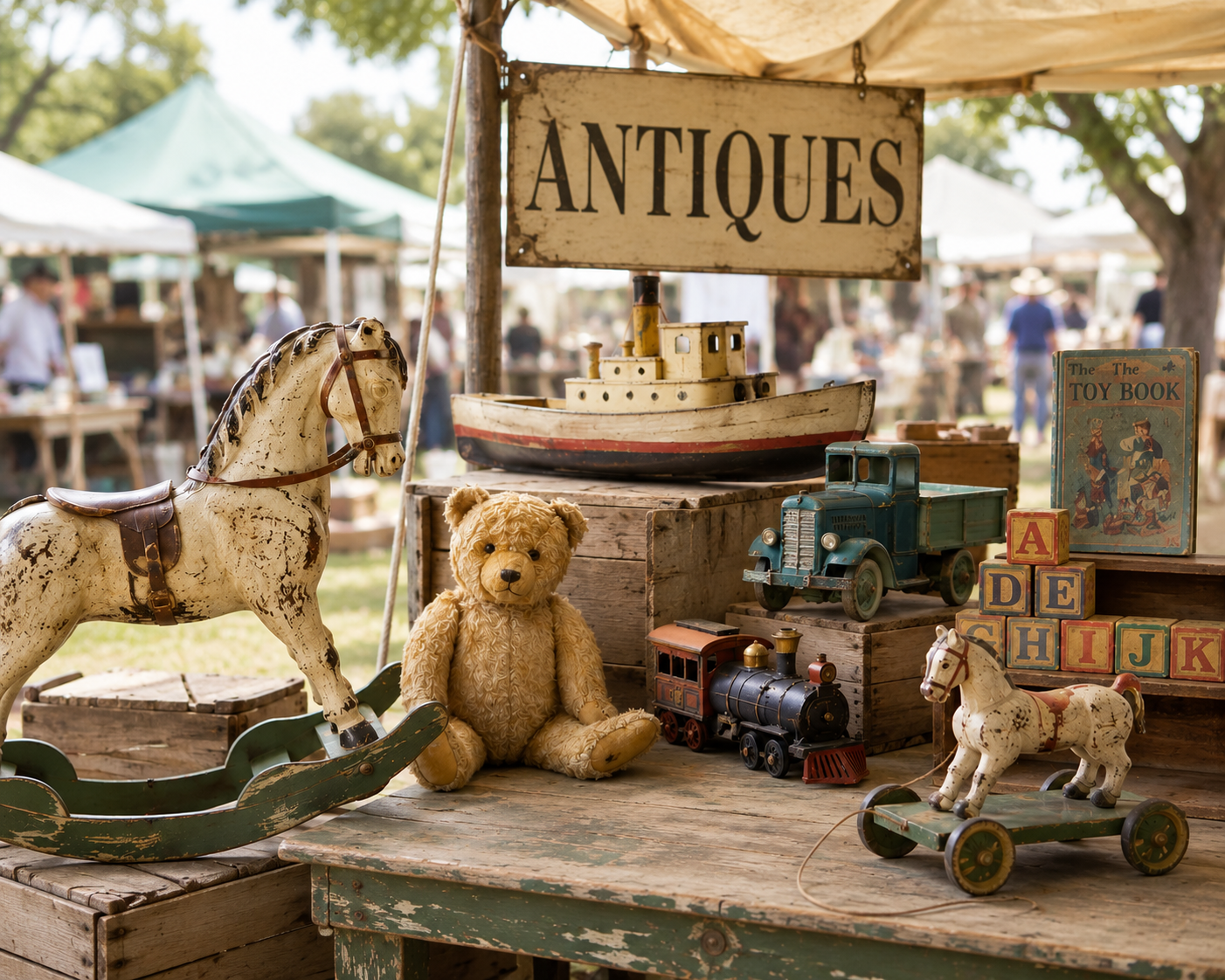 Vintage toys at an outdoor antique market, including a toy rocking horse, a teddy bear, a toy truck, toy blocks, a toy train, a boat model, and a vintage picture book, under a sign that reads 'ANTIQUES'.