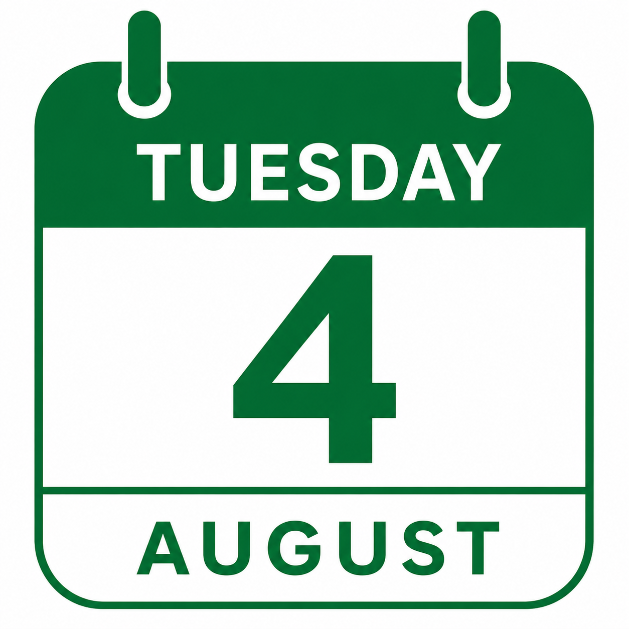 Green and white calendar page displaying Tuesday, August 4.
