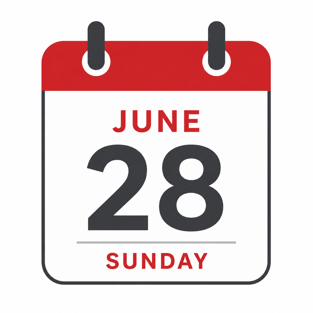 A digital calendar displaying June 28, which falls on a Sunday.