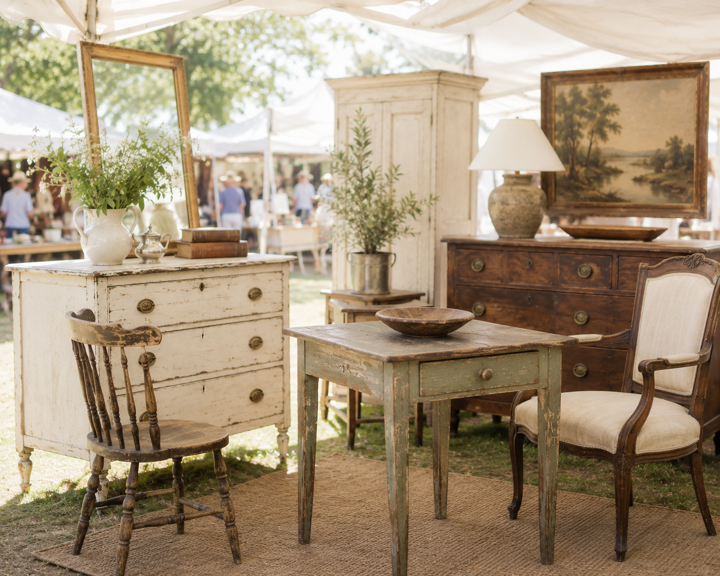 Display of vintage furniture and decor at an outdoor market, including distressed dressers, chairs, framed artwork, and potted plants under a white tent canopy.