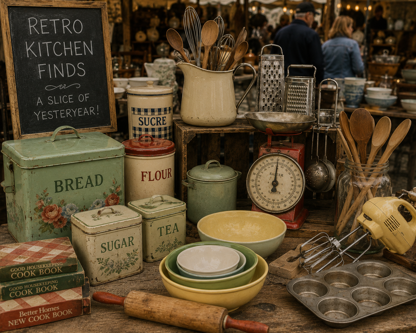 Vintage kitchen items on a rustic wooden table including bowls, canisters labeled for bread, flour, sugar, and tea, a scale, and various utensils in jars and containers at a flea market.