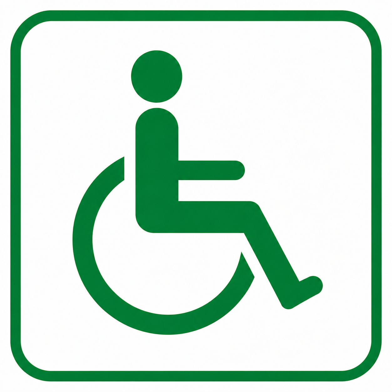 Green and white international wheelchair accessible restroom sign showing a person in a wheelchair.