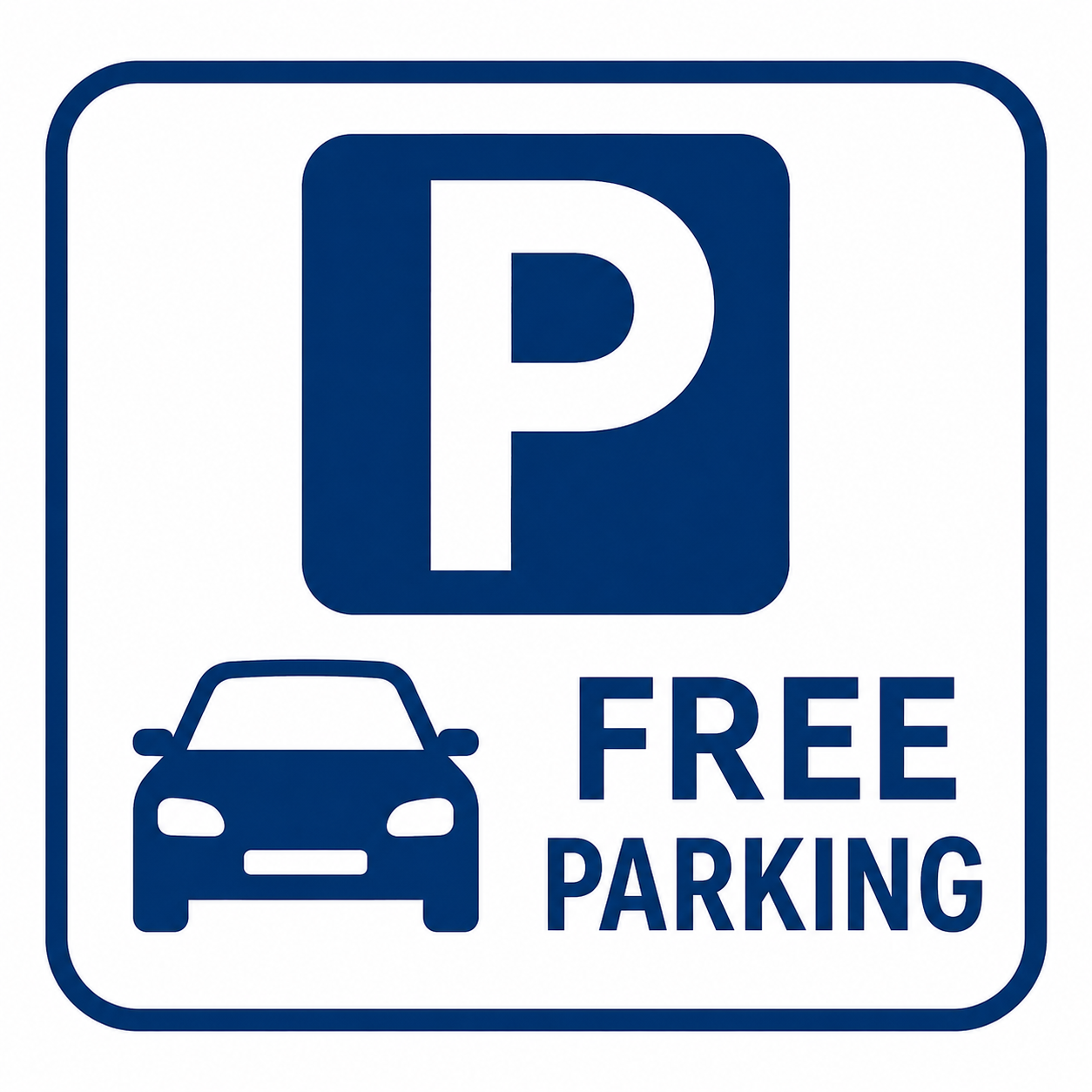 Blue and white sign indicating free parking, with a large letter 'P', a car icon, and the words 'FREE PARKING'.