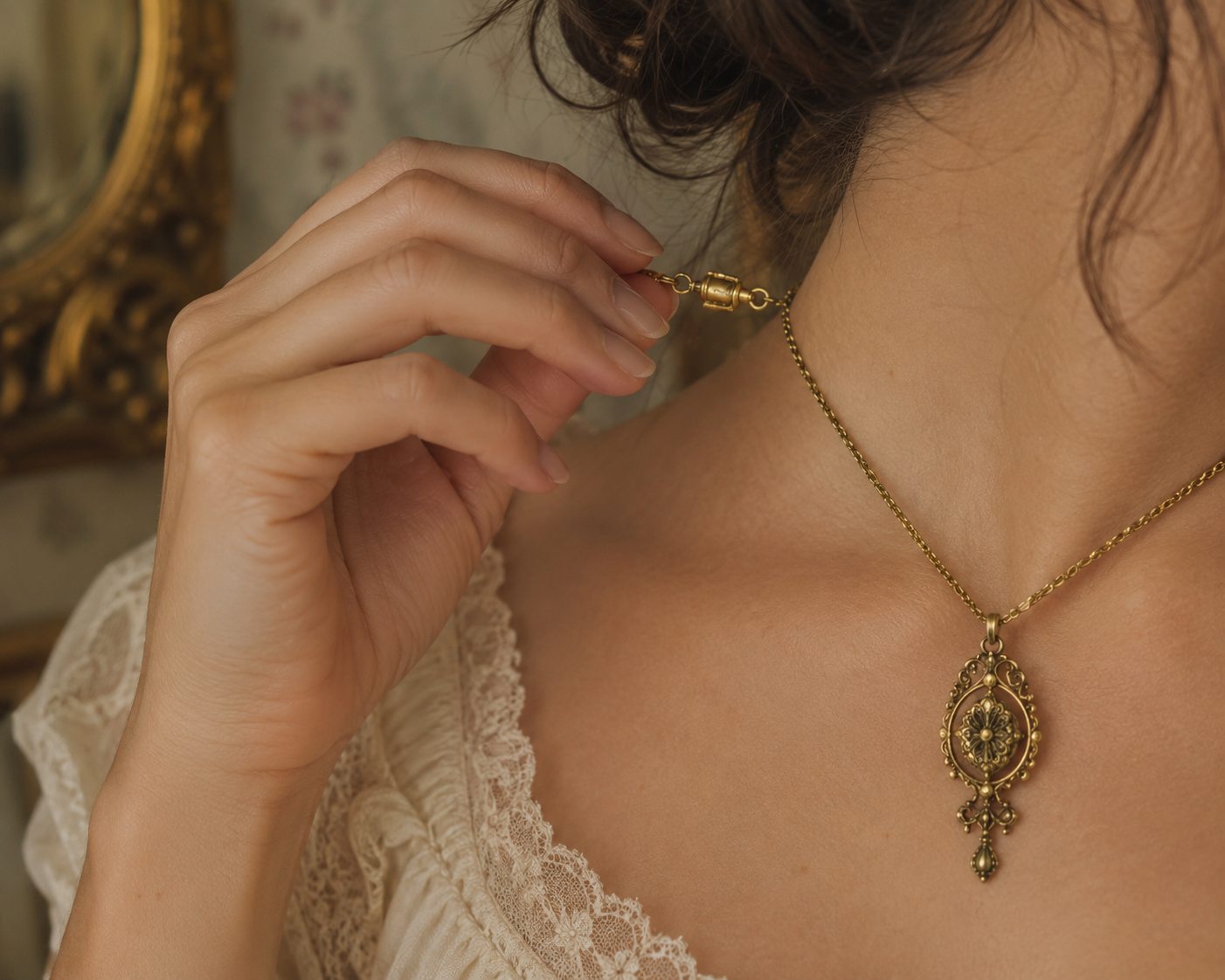 Close-up of a woman wearing a gold necklace with an ornate pendant, adjusting her necklace with her hand.