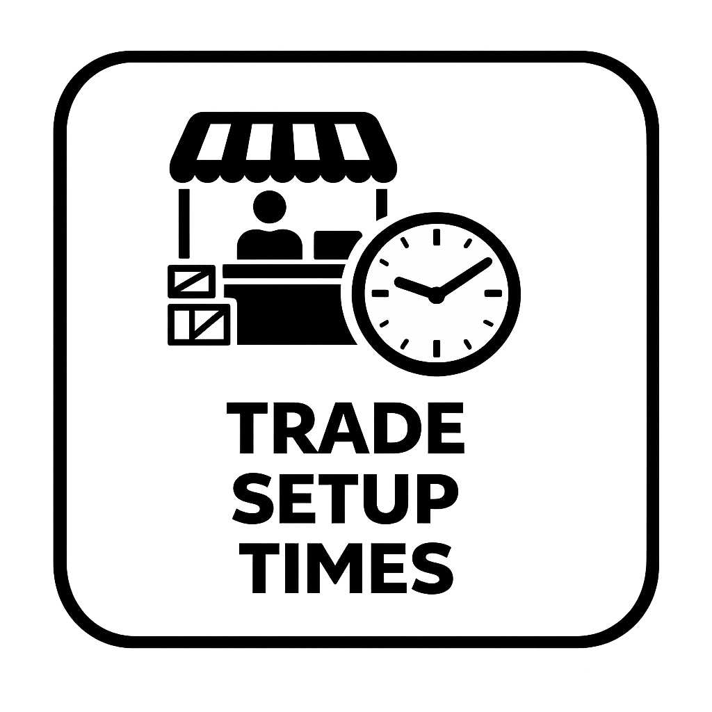 A digital icon representing trade setup times with a storefront, two percentage symbols, and an analog clock showing 2:10.