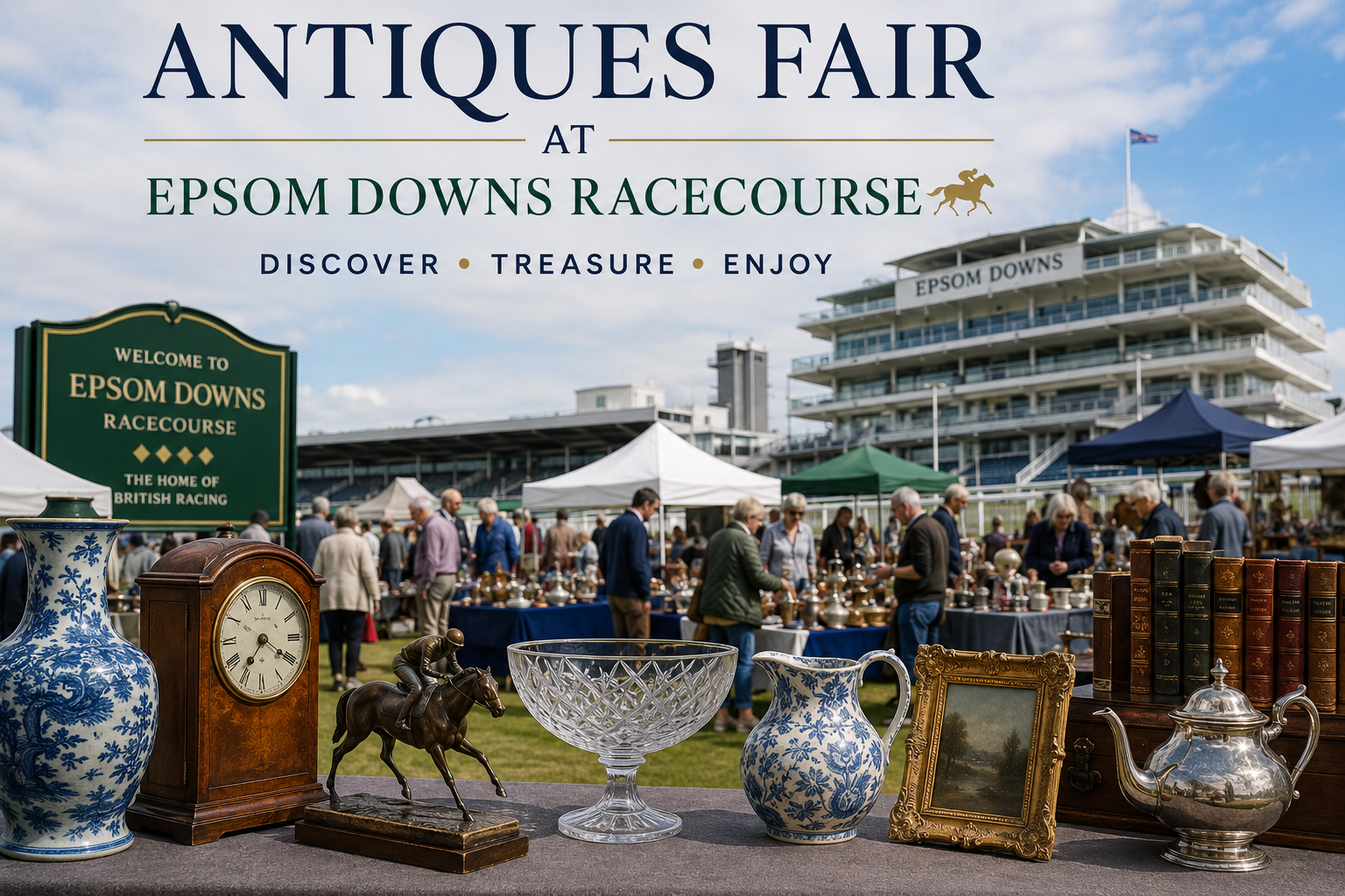 A busy outdoor antiques fair at Epsom Downs Racecourse with vintage items on display, including vases, a clock, a horse figurine, a crystal bowl, a framed photo, and a teapot, with people browsing and a racecourse building in the background.