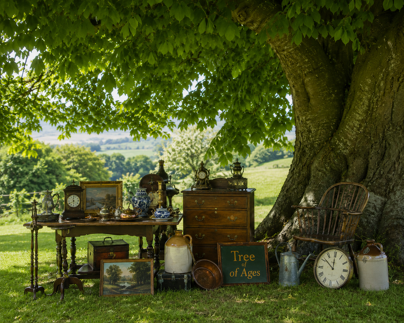 An outdoor scene with vintage antiques and furniture under a large leafy tree, including clocks, a painting, a wooden chest, a table with teapots and vases, and a sign reading 'Tree of Ages' in a green landscape.