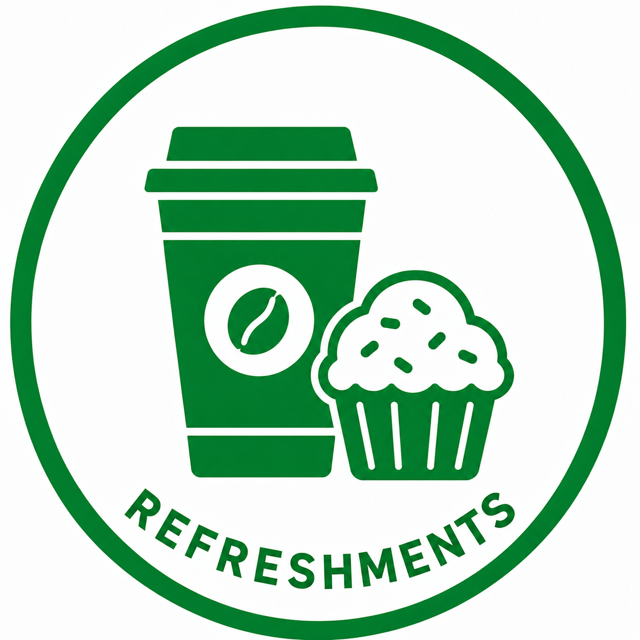 Green circular icon with a coffee cup and cupcake inside and the word 'REFRESHMENTS' at the bottom.