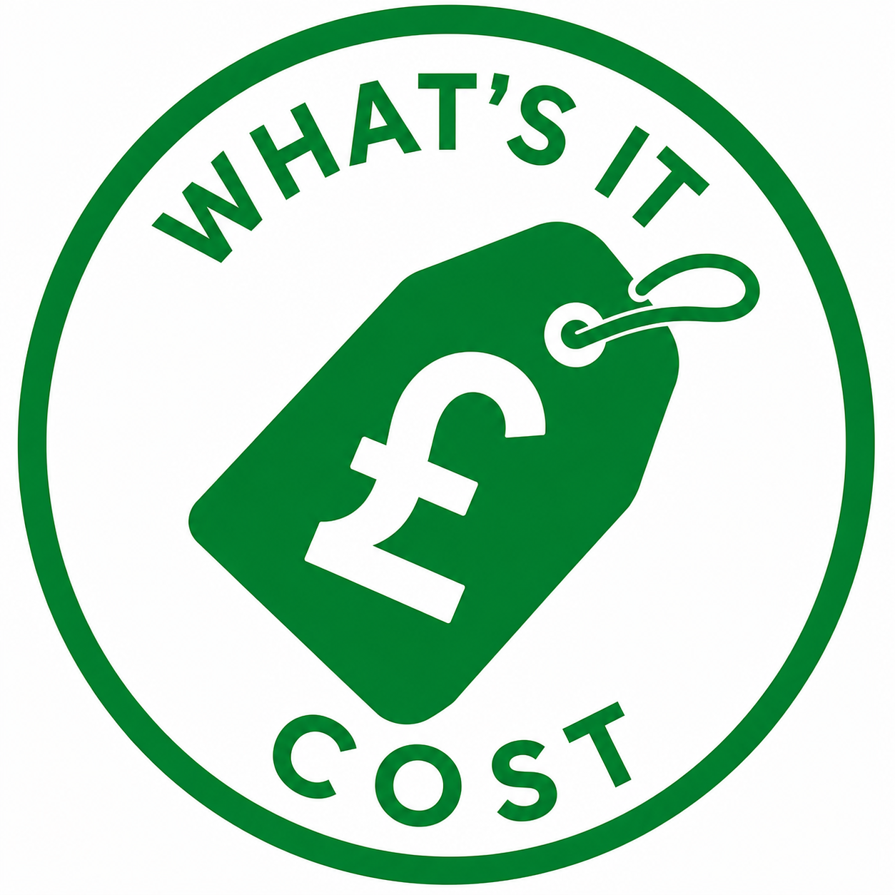 Green circular badge with a price tag featuring a British pound symbol and a dollar sign, with the text 'WHAT'S IT COST' around the top and bottom edges.