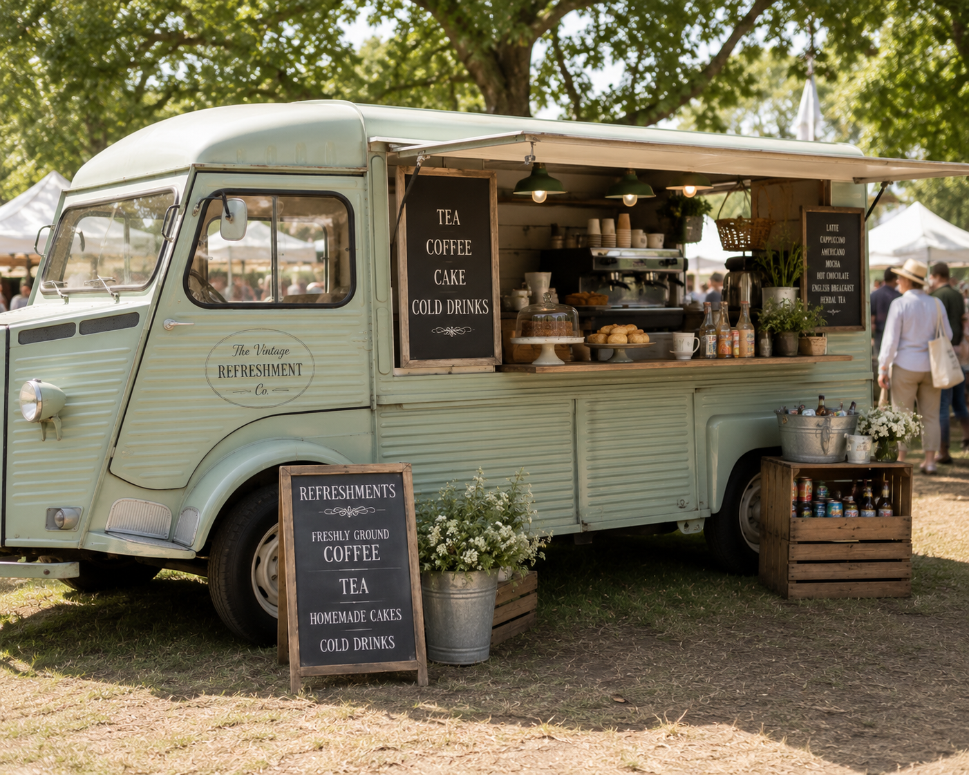 Vintage mint green mobile coffee stand with chalkboard menus offering tea, coffee, cake, and cold drinks, decorated with flowers and set outdoors at a market or fair.
