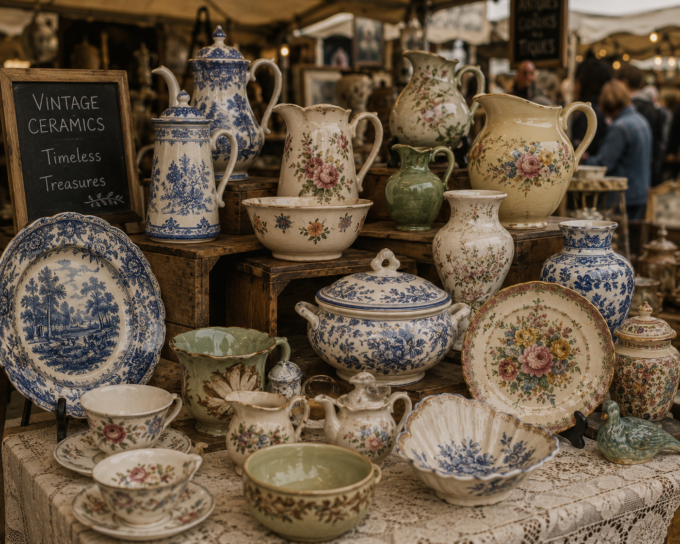 Booths of vintage ceramic teapots, pitchers, bowls, and plates with floral and scenic designs at a market.