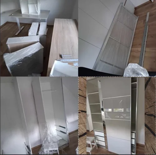 A collage of four images showing the assembly of a white wardrobe or closet with sliding doors, packed parts, and tools.
