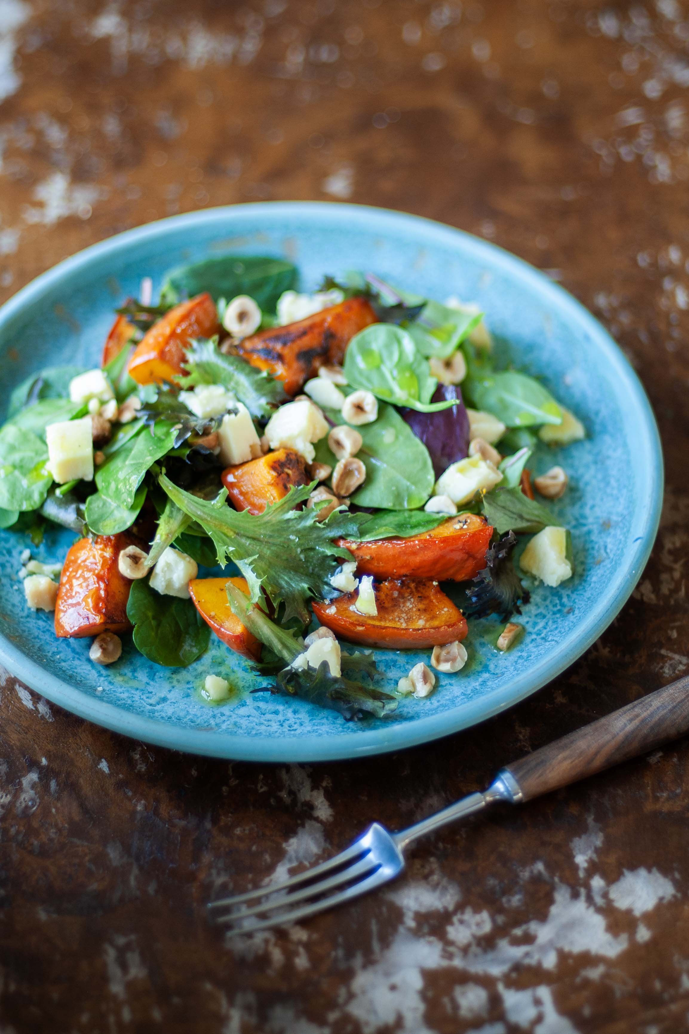 Roast squash, cobnut and cheese salad